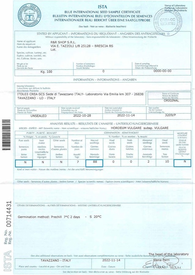 Ver imagen 6 de 6: Certificado de análisis de semillas del laboratorio ISTA correspondiente al lote de cebada del kit