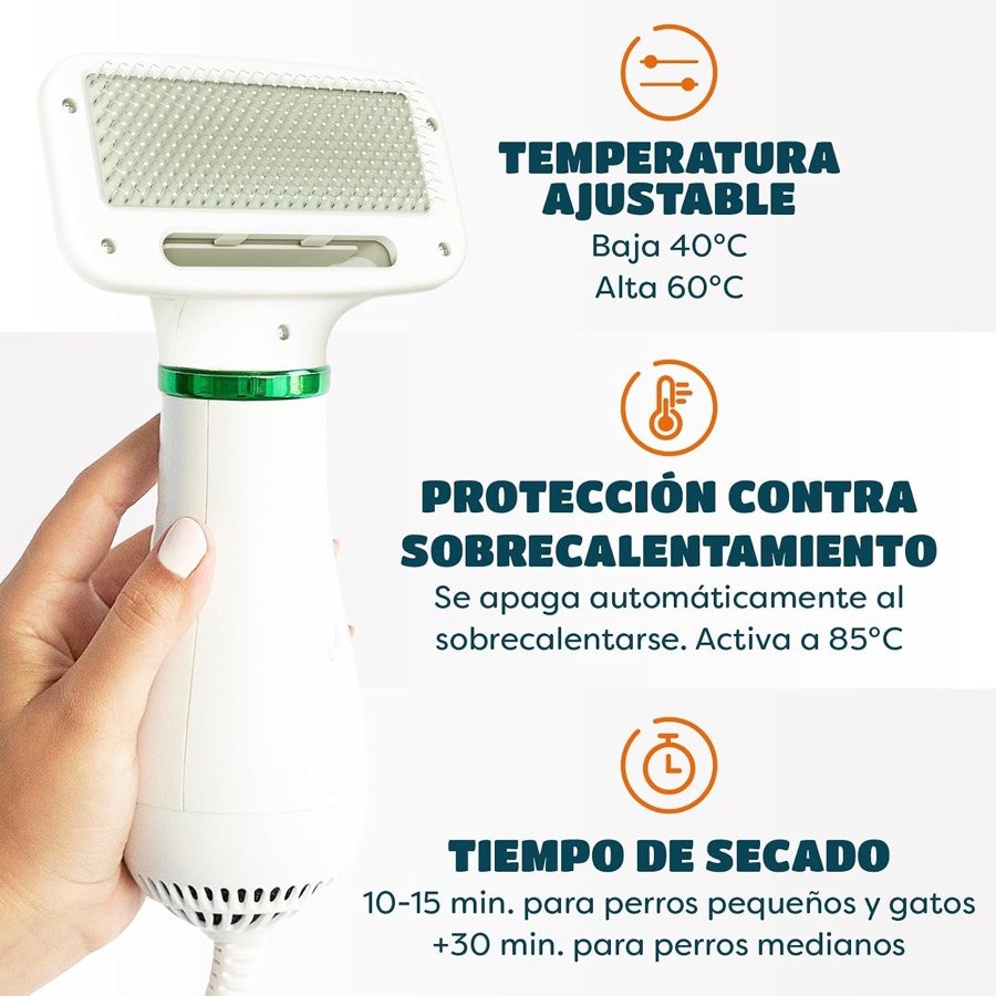 Ver imagen 3 de 6: Datos del KUUBIA: temperatura baja de 40 °C y alta de 60 °C, apagado por sobrecalentamiento y 10 a 15 minutos de secado en perros pequeños