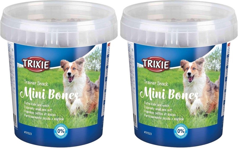 Los dos botes de 500 g de TRIXIE Mini Bones con su tapa y su asa
