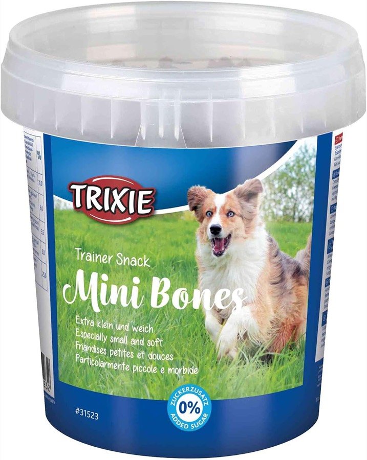 Ver imagen 4 de 4: Frontal del bote de TRIXIE Mini Bones con la imagen del perro y el nombre del producto