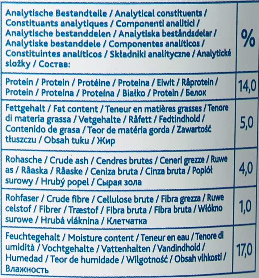 Ver imagen 4 de 6: Tabla de componentes analíticos de la etiqueta: 14 % de proteína, 5 % de grasa, 4 % de cenizas, 1 % de fibra y 17 % de humedad