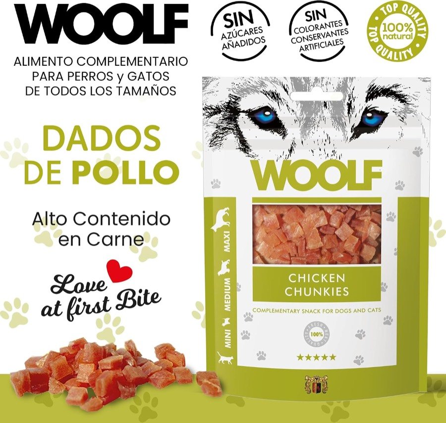 Ver imagen 2 de 6: Frontal de la bolsa de Woolf Dados de Pollo con los sellos de alto contenido en carne