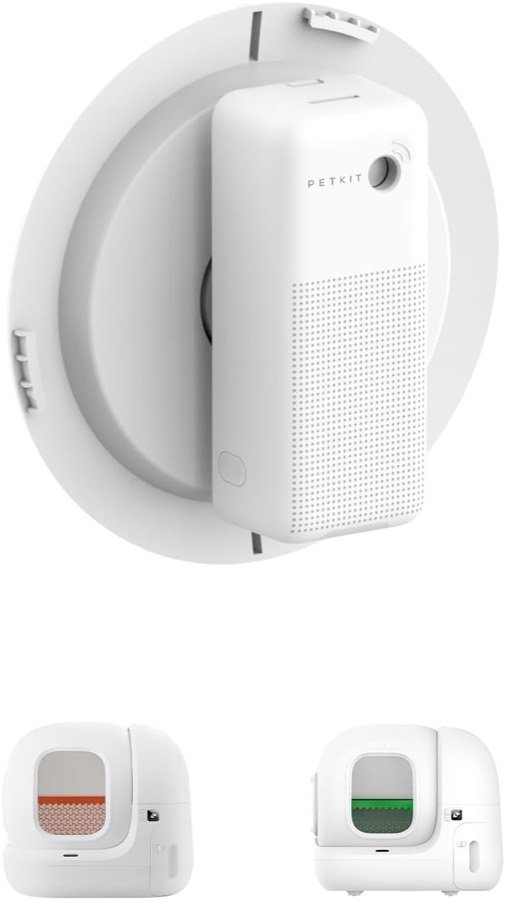 Pulverizador PETKIT Pura Air blanco montado en la tapa lateral de un arenero, con los dos modelos PuraMax compatibles