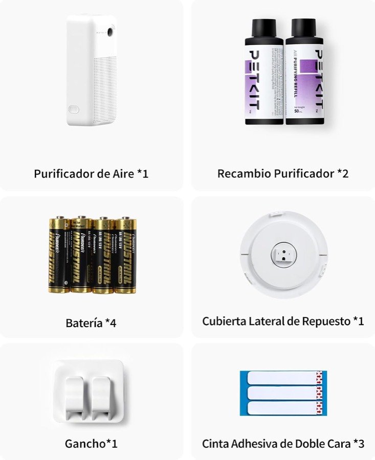 Ver imagen 6 de 6: Contenido de la caja del Pura Air: purificador, dos recambios de líquido, cuatro pilas, cubierta lateral, gancho y tres cintas adhesivas