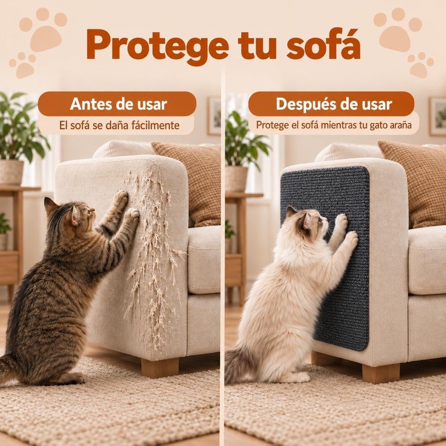 Ver imagen 2 de 6: Antes y después: un gato arañando un sillón y otro rascando el tapete pegado en el mismo sitio