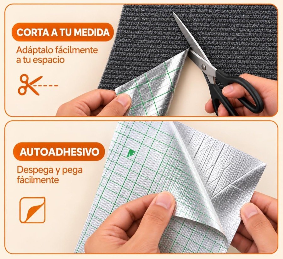 Ver imagen 3 de 6: Manos recortando el tapete con unas tijeras y retirando el papel del adhesivo