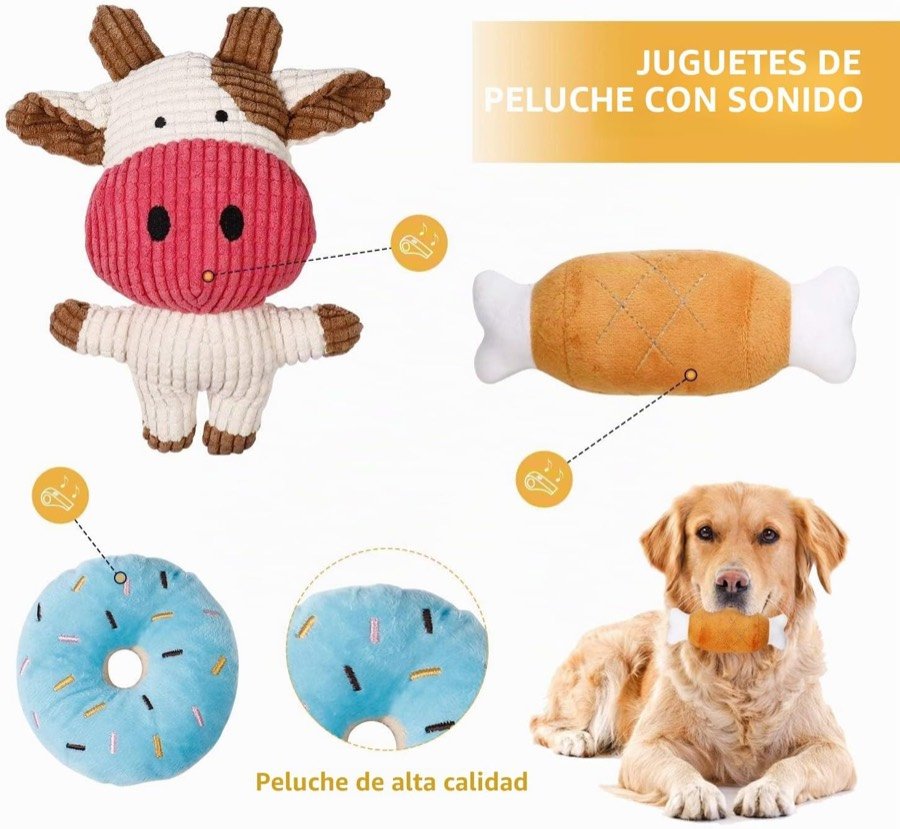 Ver imagen 2 de 6: Los tres peluches con chirriador del pack Toozey: una vaca, un hueso y un donut azul