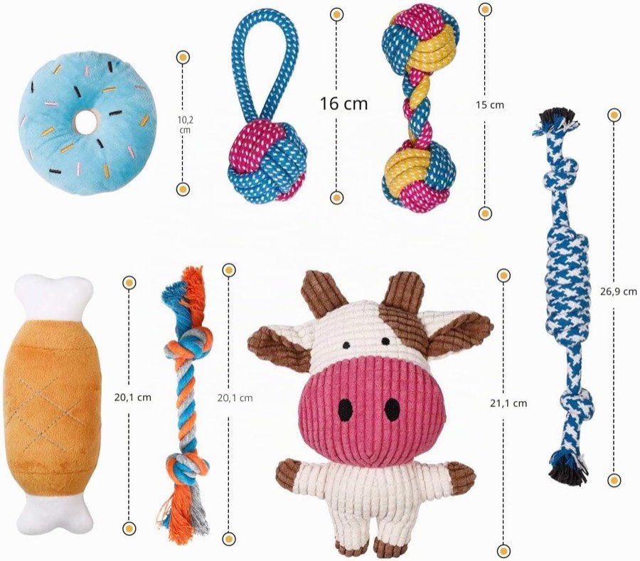 Ver imagen 5 de 6: Las siete piezas del pack Toozey con sus medidas: donut de 10,2 cm, cuerdas de 15, 16, 20,1 y 26,9 cm, hueso de peluche de 20,1 cm y vaca de peluche de 21,1 cm