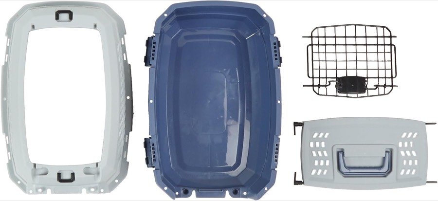 Ver imagen 6 de 6: Piezas del transportín Amazon Basics desmontado: la tapa superior, la base, la puerta de rejilla frontal y la puerta superior