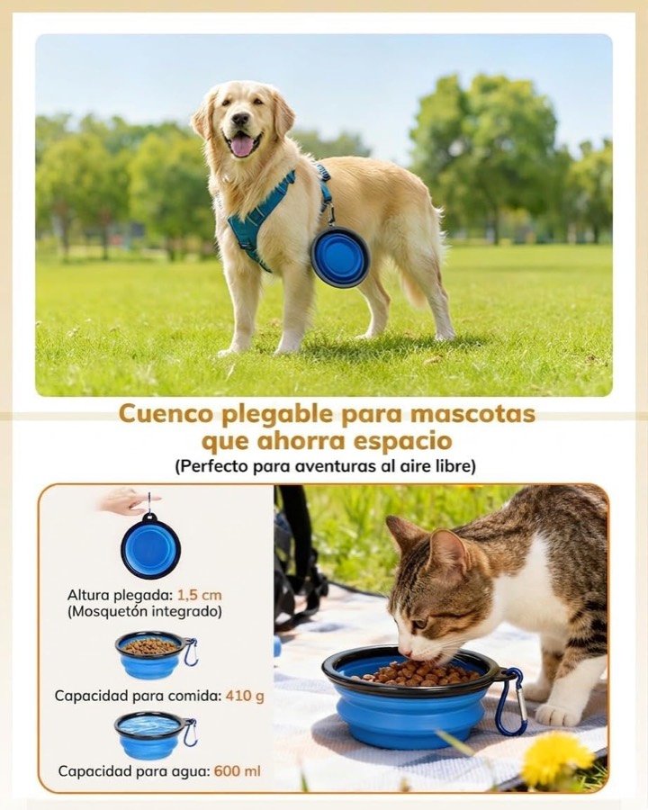 Ver imagen 4 de 6: Cuenco plegable azul con mosquetón del transportín morpilot, junto a un golden retriever y un gato bebiendo de él