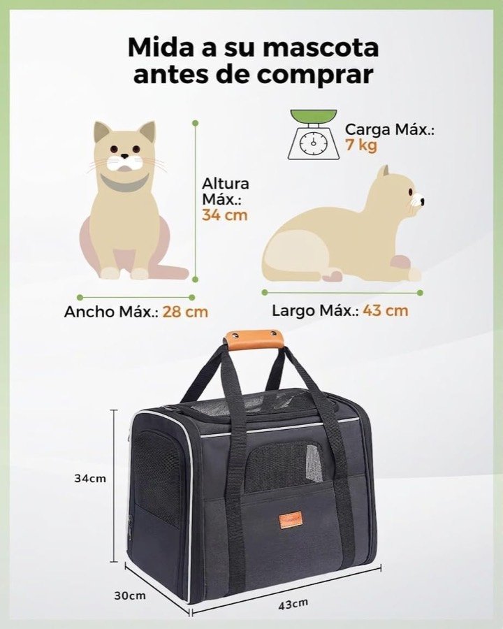 Ver imagen 6 de 6: Medidas del transportín morpilot: 43 × 30 × 34 cm, con carga máxima de 7 kg y medidas máximas de la mascota