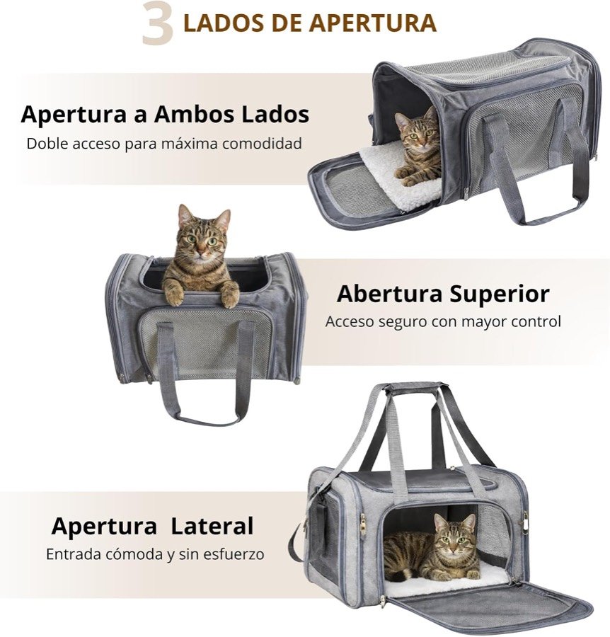 Ver imagen 4 de 6: Las tres aperturas del transportín PAW PANACHE: a ambos lados, por arriba y por el frente, con un gato atigrado en cada una