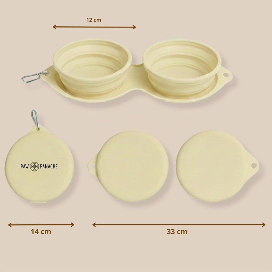 Ver imagen 5 de 6: Cuenco doble plegable amarillo del transportín PAW PANACHE, de 33 × 14 cm desplegado y con mosquetón