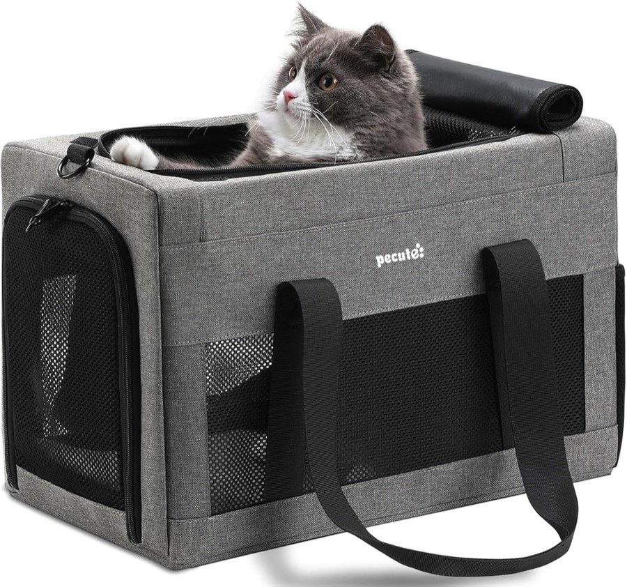 Gato gris y blanco asomado por la abertura superior del transportín blando Pecute gris con ventanas de malla