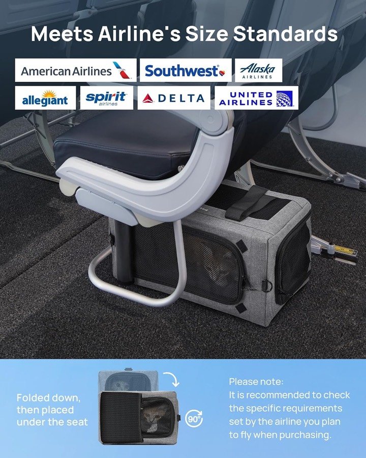 Ver imagen 3 de 6: El transportín Pecute bajo el asiento de un avión, con los logotipos de aerolíneas estadounidenses y el aviso de comprobar las medidas de cada una