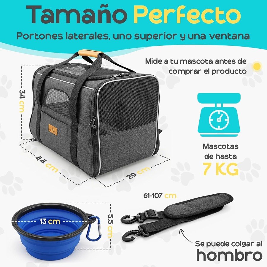 Ver imagen 2 de 6: Medidas del transportín PEPPER según la galería, 44 × 29 × 34 cm, para mascotas de hasta 7 kg, con el cuenco de 13 cm y la correa de 61 a 107 cm