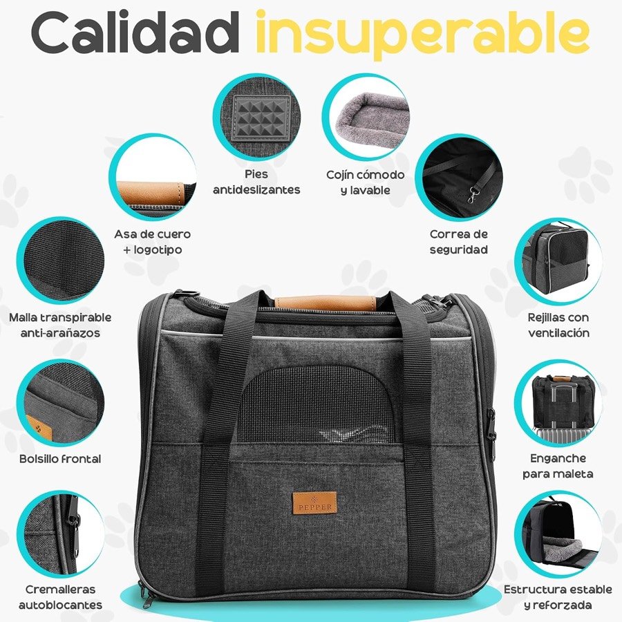 Ver imagen 3 de 6: Detalles del transportín PEPPER: pies antideslizantes, cojín lavable, correa de seguridad interior, malla antiarañazos y cremalleras autoblocantes