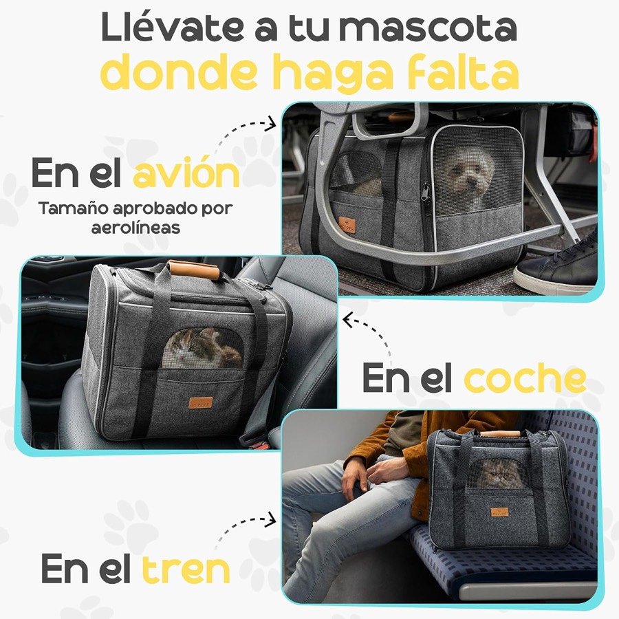 Ver imagen 4 de 6: El transportín PEPPER en tres usos: bajo el asiento del avión, en el asiento del coche y a los pies en el tren