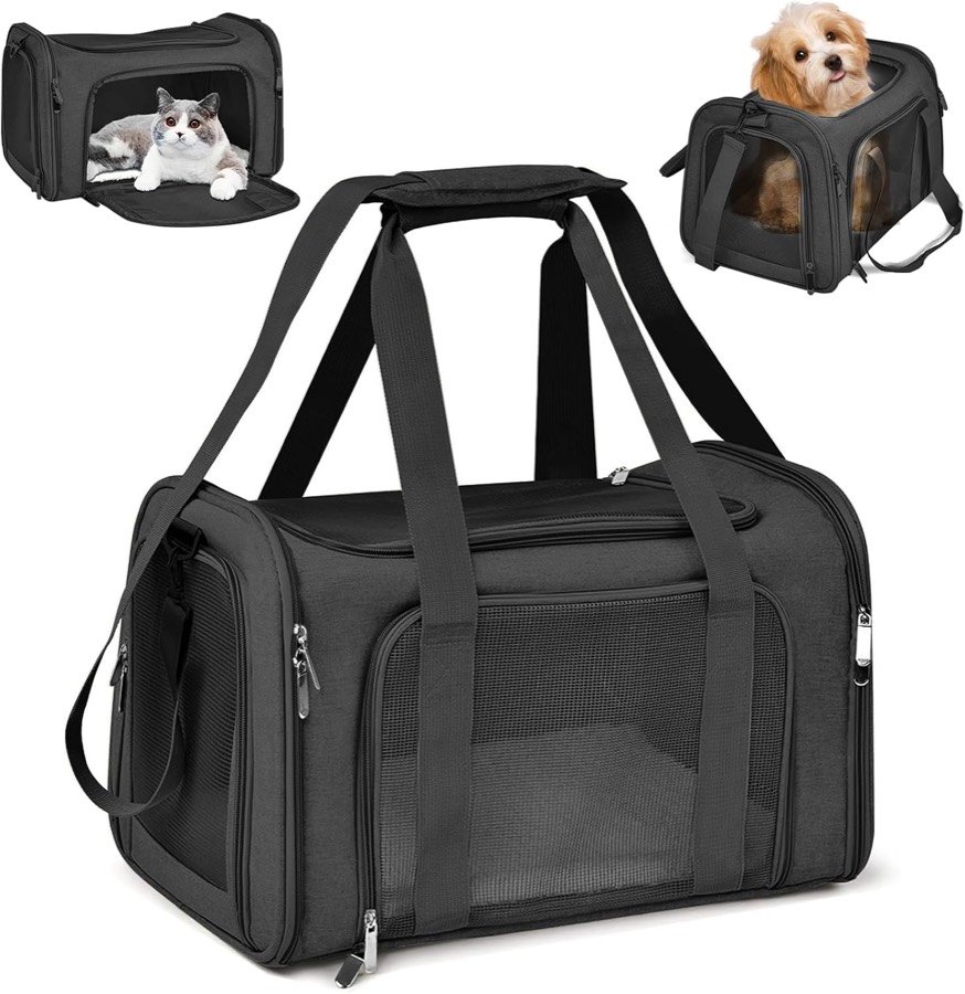 Transportín blando Staranry negro con ventanas de malla, correa de hombro y dos miniaturas con un gato y un cachorro dentro