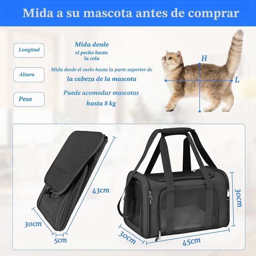 Ver imagen 2 de 6: Cómo medir a la mascota para el transportín Staranry y sus medidas: 45 × 30 × 30 cm montado y 43 × 30 × 5 cm plegado