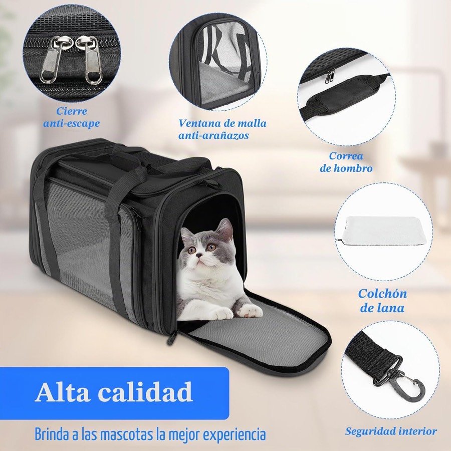 Ver imagen 3 de 6: Detalles del transportín Staranry: cierre antiescape, ventana de malla antiarañazos, correa de hombro, colchón de lana y seguridad interior