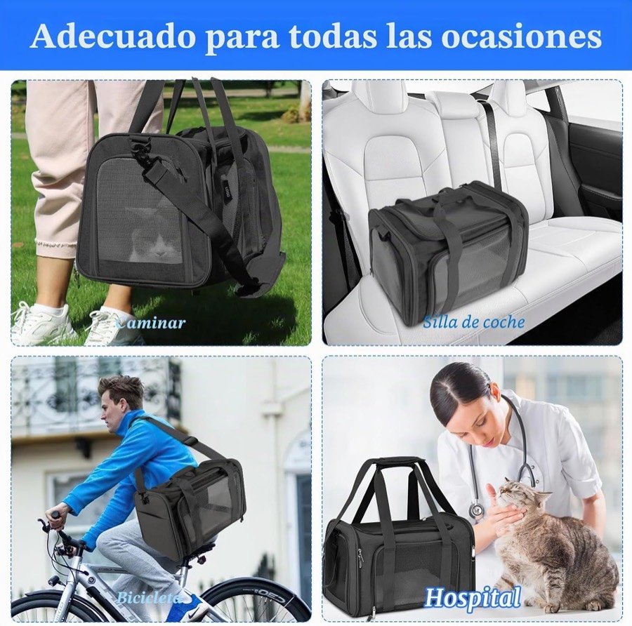 Ver imagen 6 de 6: El transportín Staranry en cuatro situaciones: caminando, en el asiento del coche, en bicicleta y en la consulta del veterinario
