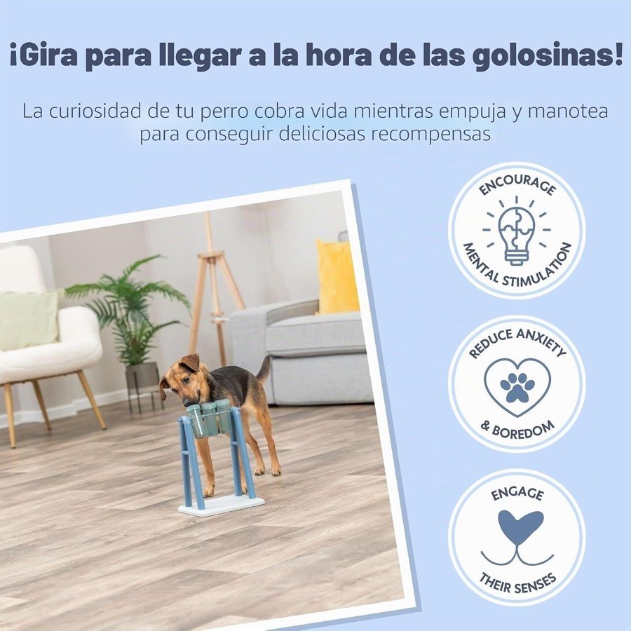 Ver imagen 3 de 6: Imagen del fabricante que explica que el perro empuja y manotea los tubos para conseguir las recompensas, con iconos de estimulación mental y reducción del aburrimiento
