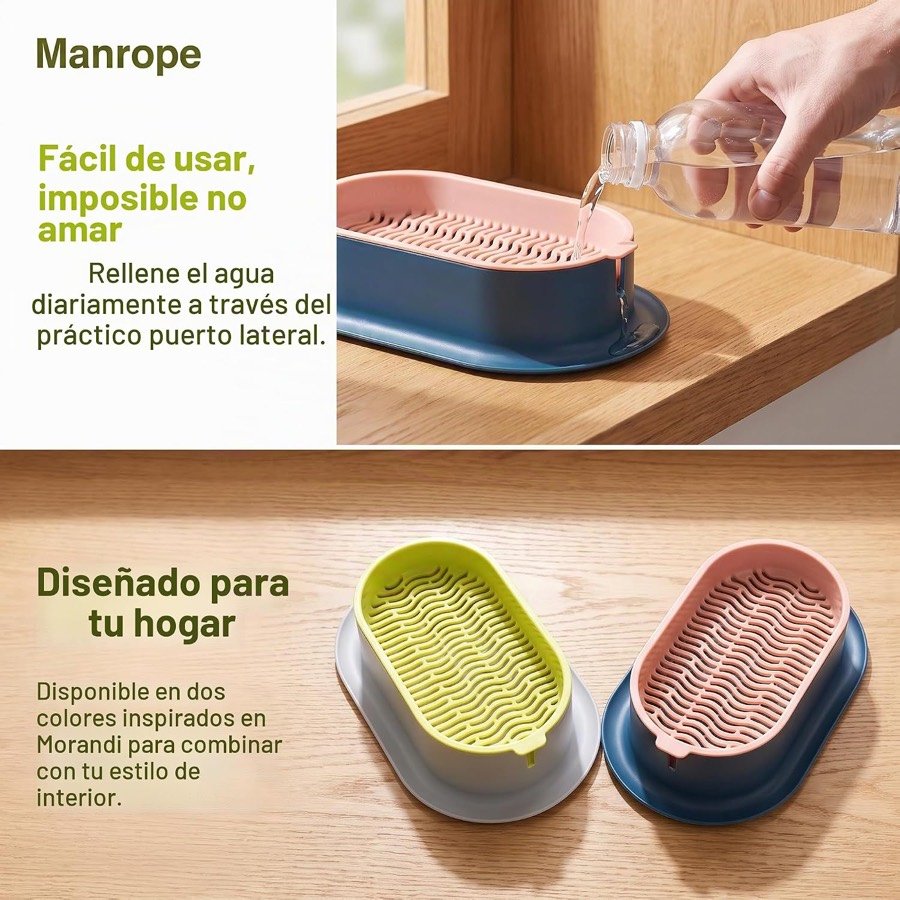 Ver imagen 5 de 6: Detalle del puerto lateral de la bandeja TULEBOLIAN para rellenar el agua sin desmontarla, y los dos colores disponibles