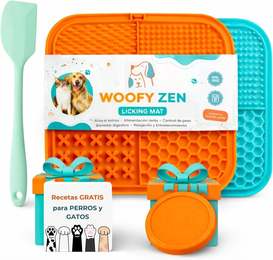 Pack Woofy Zen con las dos alfombrillas de lameteo, la espátula y la tapa de silicona