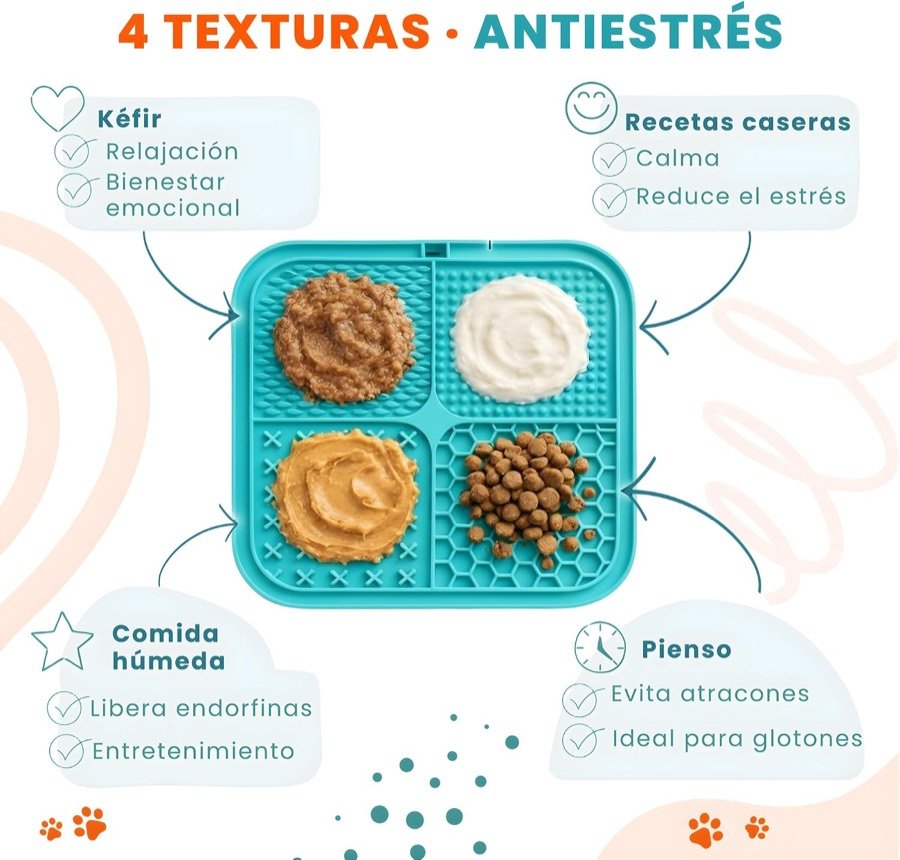 Ver imagen 6 de 6: Las cuatro texturas de la alfombrilla rellenas con kéfir, comida húmeda, recetas caseras y pienso
